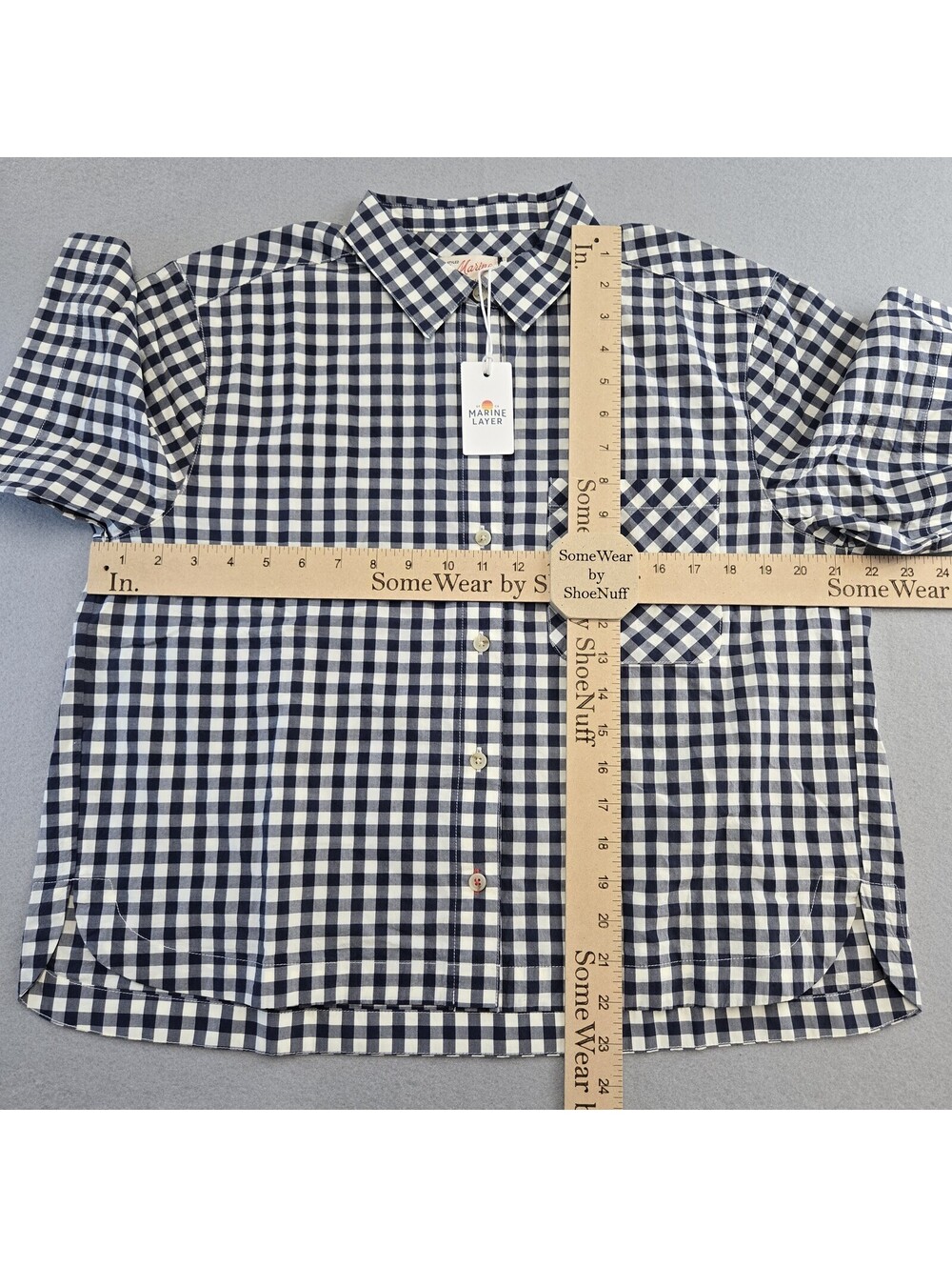 Marine Layer Gingham Button Up Shirt Womens M Navy White Pima Cotton Relaxed NWT - Picture 8 of 12